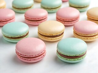 Obraz premium Colorful Pastel Macarons with Chocolate Filling on White Background