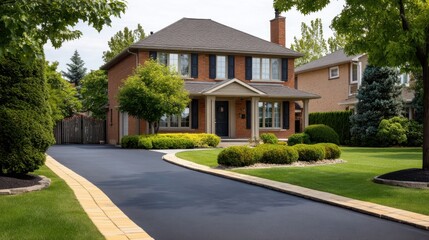 Beautiful brick two story suburban house with a neatly manicured lawn and winding driveway on a sunny day