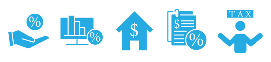 Finance and Tax Icons — Interest, Mortgage, Percentage, Report, and Taxpayer Symbols
