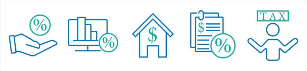 Finance and Tax Icons — Interest, Mortgage, Percentage, Report, and Taxpayer Symbols