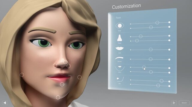 Gamified Interface with a 3D Female Avatar. User Selects Clothing, Changes Facial Features and Chooses Hairstyles and Color in a Virtual Dressing Room Environment for eCommerce or Game Integration