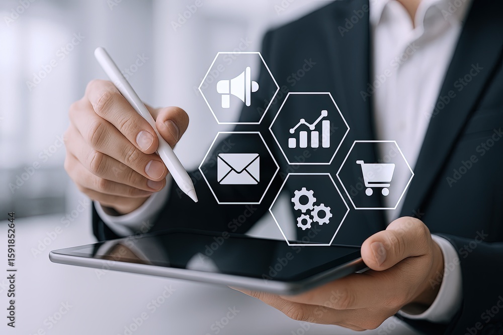 Poster businessman using digital tablet with infographic icons showing communication and data analysis.