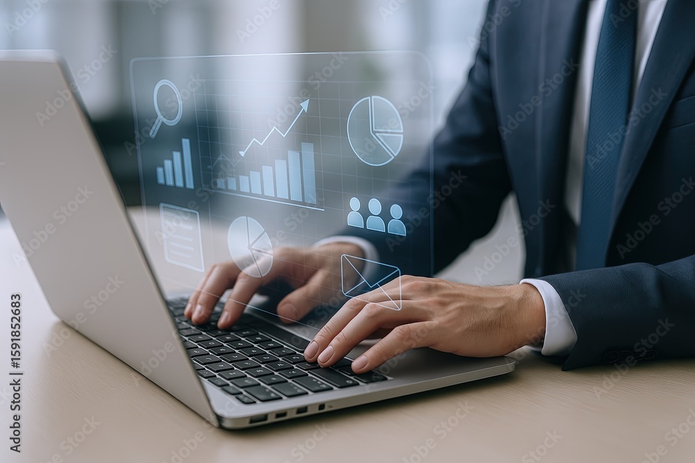 Poster businessman analyzing data on laptop with digital graphs charts and analytics.