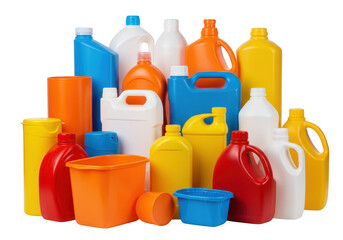 A colorful assortment of plastic bottles and containers in various shapes and sizes are grouped together, isolated on white isolated on transparent background