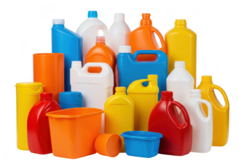 A colorful assortment of plastic bottles and containers in various shapes and sizes are grouped together, isolated on white isolated on transparent background
