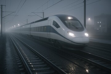 Naklejka premium High speed modern white passenger train traveling on wet railway tracks in rain at night.