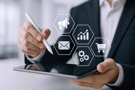 Businessman using digital tablet with infographic icons showing communication and data analysis.