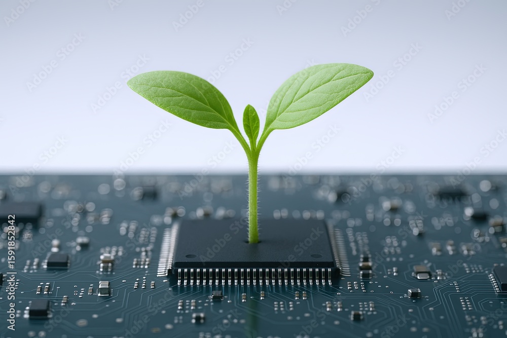 Poster close-up of a tiny green plant sprouting from a microchip on a computer circuit board.
