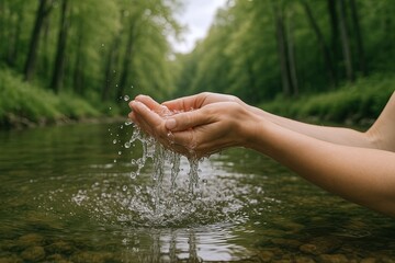 Person's hands cupping water in a natural outdoor river forest scene during daytime.