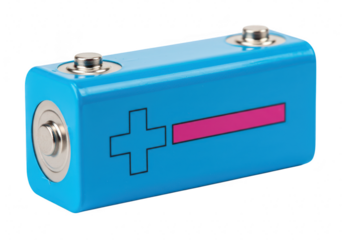 A blue 9volt battery with positive and negative terminals, isolated on a transparent background