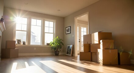 Fresh Start Shown Through Packed Belongings and Sunlight Streaming Into Empty Living Space
