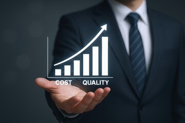 Businessman in suit holding digital graph chart representing growth and success.