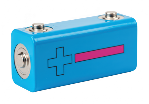 A blue 9volt battery with positive and negative terminals, isolated on a transparent background