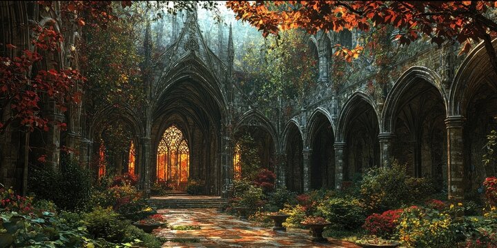 Medieval stone cloister courtyard with arched walkways, potted plants, sunlight filtering through leaves, and aged textured walls. Generative by AI.