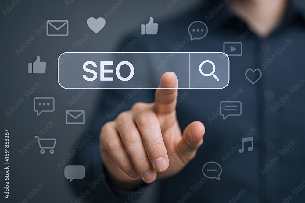 Poster close-up of a person pressing a digital search button labeled seo on a futuristic touchscreen interf