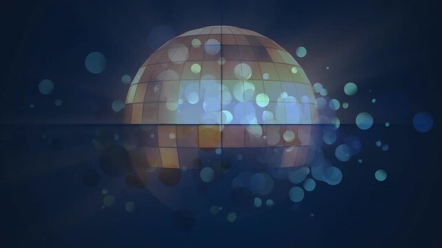Glowing sphere emerging in blue field causing light discs materializing, drifting, obscuring grid