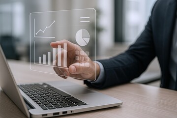 Business Professional Using Transparent Digital Data Visualization and Analytics on Laptop.