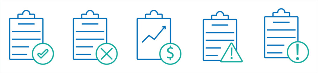 Business Report and Document Icons — Checklist, Finance, Risk, and Alert Line Symbols