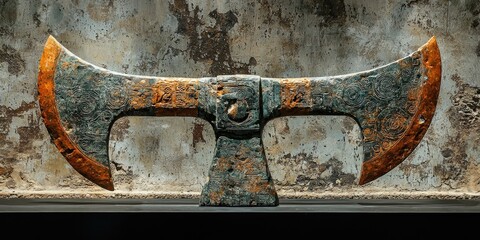 Ancient stone axe with red and black painted carvings placed horizontally on cracked stone wall with faded hieroglyphic carvings. Generative by AI.