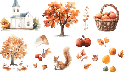 Watercolor Autumn Scene with Church Trees Squirrel Apples and Harvest Elements © Forest.Rox