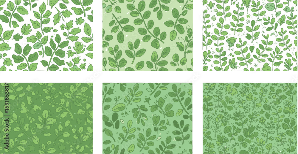 Poster vector art of collection of six seamless green leaf patterns, perfect for adding a fresh and natural
