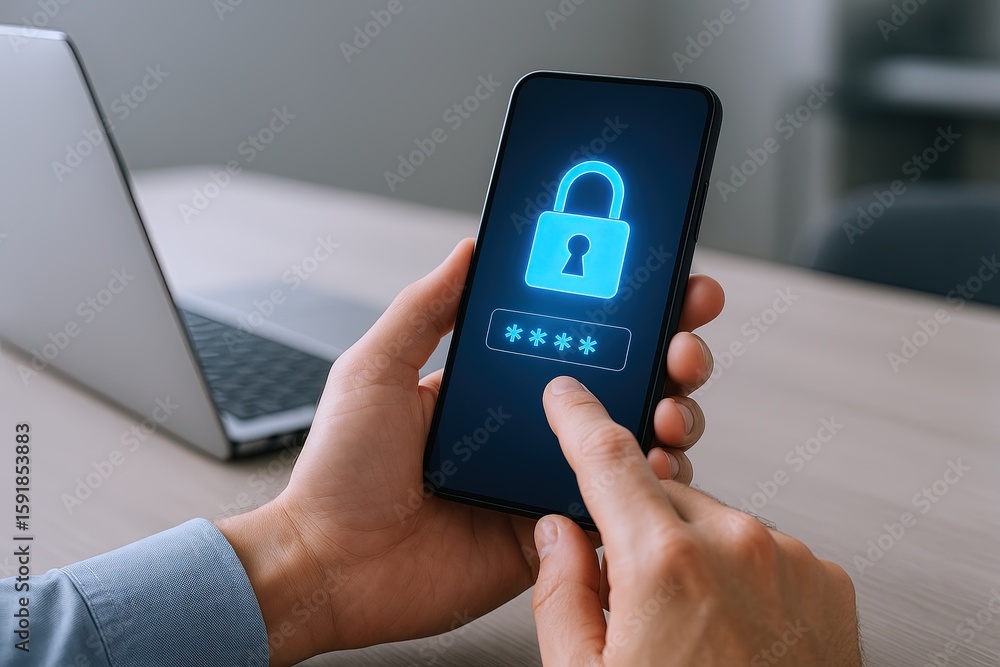 Poster close-up of a person holding a smartphone displaying a digital padlock icon for security.