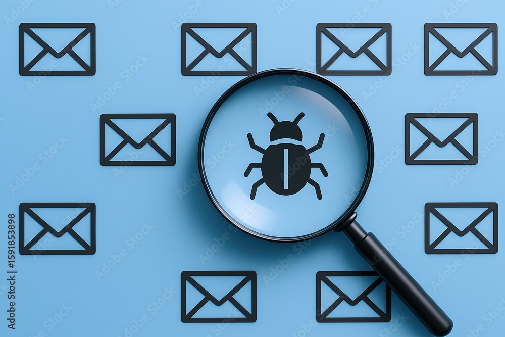 Poster close up of bug in magnifying glass over multiple email icons on blue background.