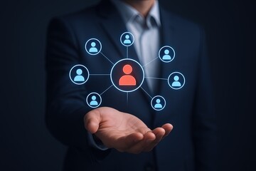 Businessman presenting network connections with digital icons and digital interface.