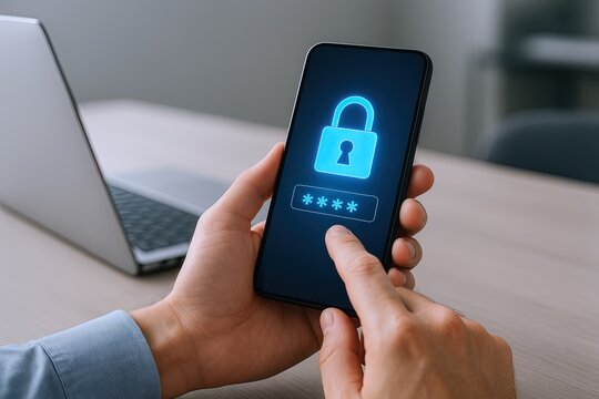 Close-up of a person holding a smartphone displaying a digital padlock icon for security. - Powered by Adobe