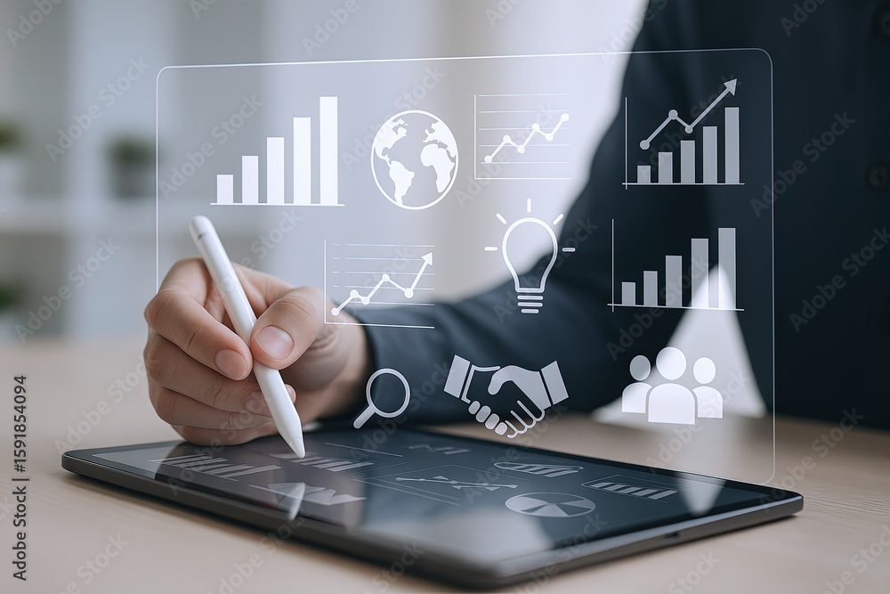 Poster businessman using transparent digital interface with graphs and business icons.