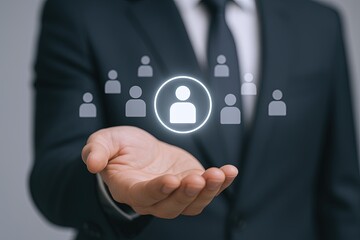 Businessman in formal suit holding digital user profile icon with social network icons.