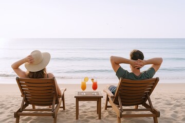 Peaceful couple relaxing on wooden lounge chairs facing the ocean during sunset on sandy beach.