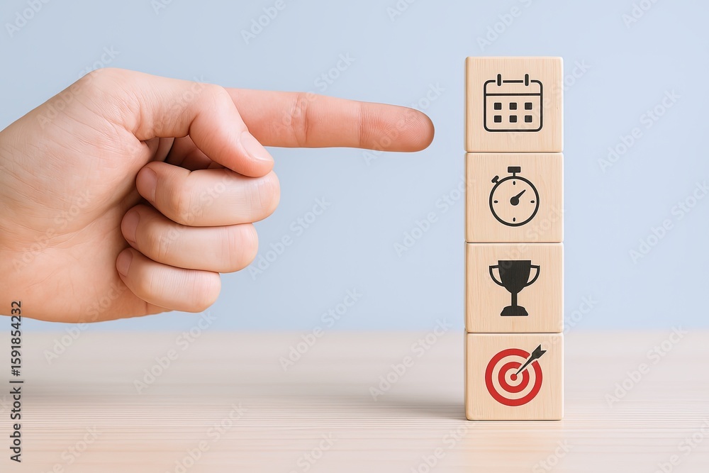 Poster hand pointing at wooden blocks with icons representing calendar timer trophy and target on a light b