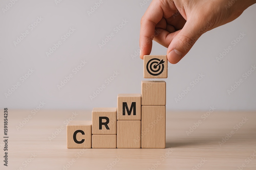 Poster hand placing wooden block with target symbol on top of ascending wooden blocks spelling crm.