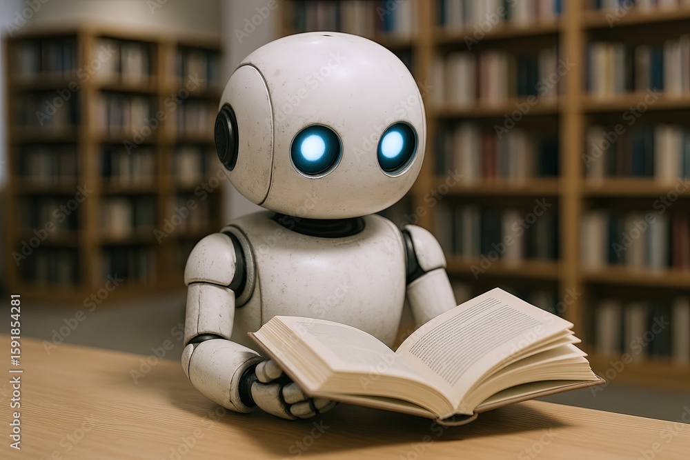 Aufkleber futuristic robot reading a book in a library with shelves full of books behind it.