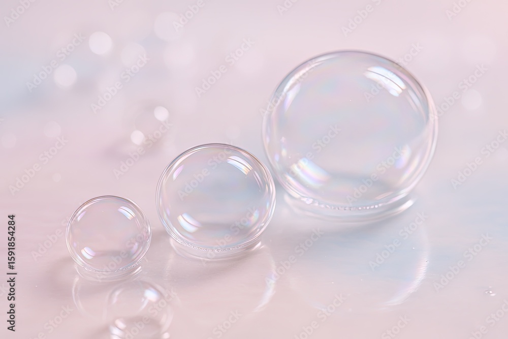 Poster array of transparent glass bubbles of varying sizes on a smooth reflective surface.