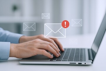 Person Receiving Important Email Notification on Laptop with Email Icons Floating.