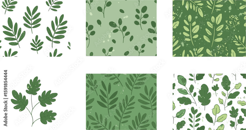 Poster vector art of a variety of seamless botanical patterns with green leaves and floral elements for div