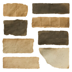Set of old vintage torn paper, parchment scraps in various shapes and colors with distressed edges, folds, creases, stains, and rough tears