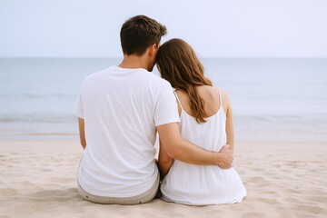 Young couple sitting on beach sand facing ocean in peaceful romantic moment during daytime.