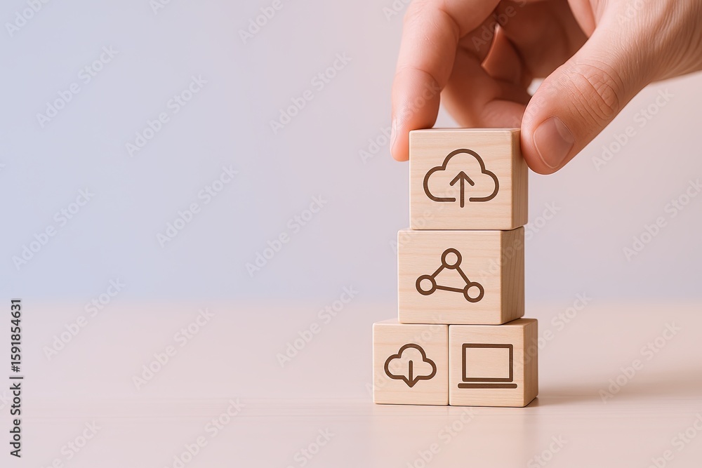 Poster hand holding wooden blocks stacking digital cloud server cloud computing concept.