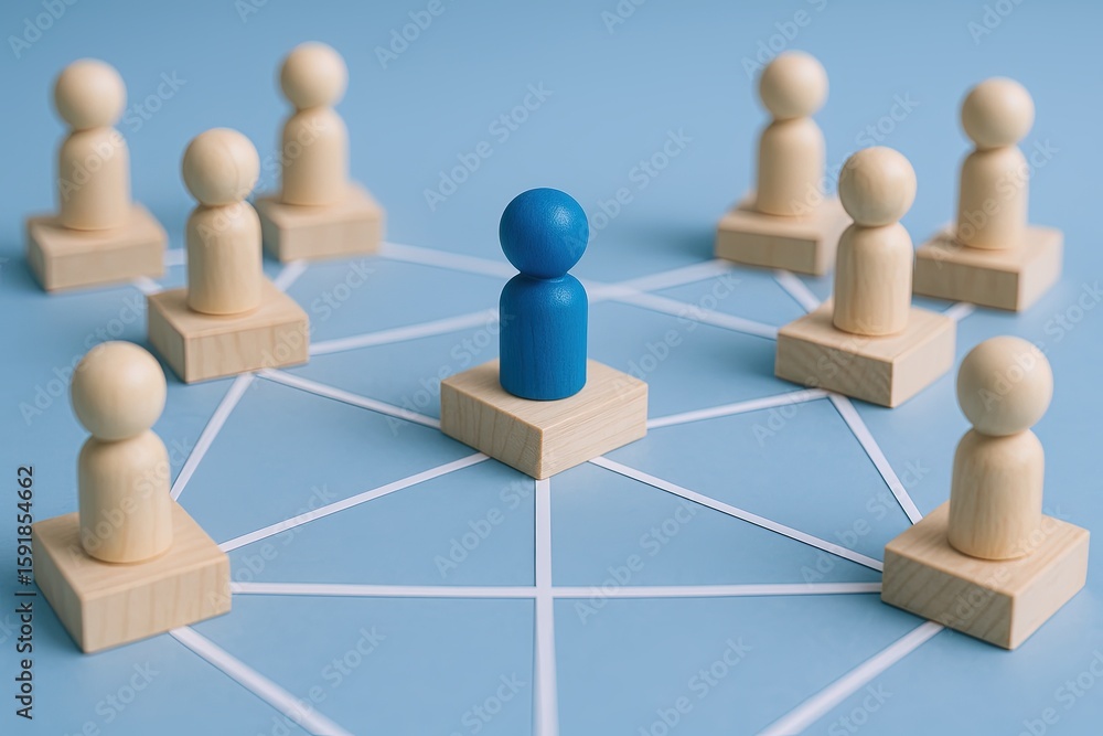 Poster wooden figurines connected by lines representing teamwork collaboration and networking.