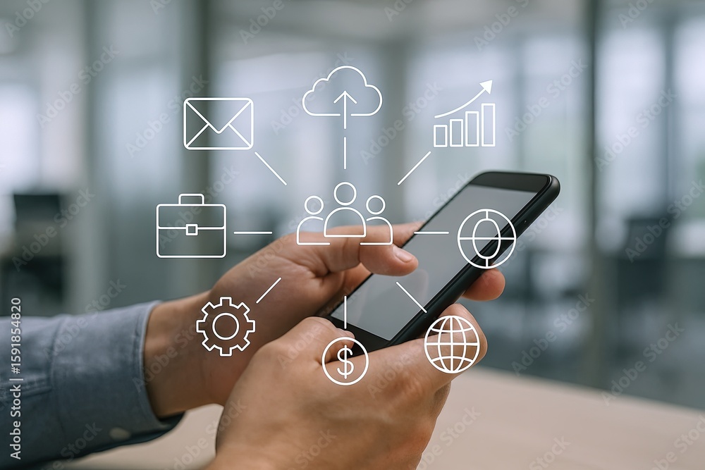 Poster hand of person using smartphone with digital icons representing communication and technology.