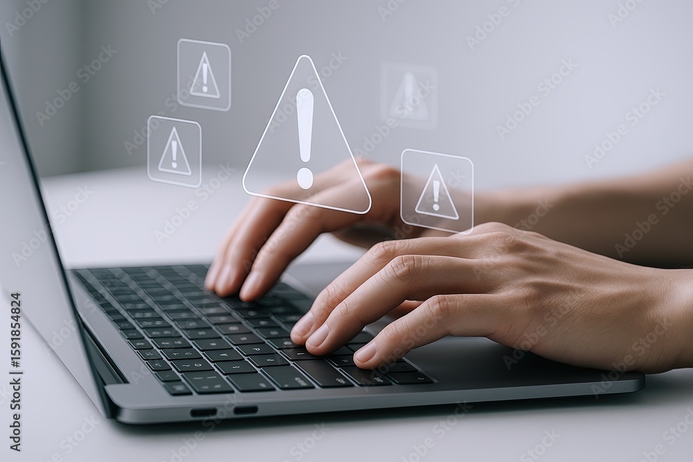 Poster close-up of hands typing on a laptop keyboard with digital warning icons overlay.