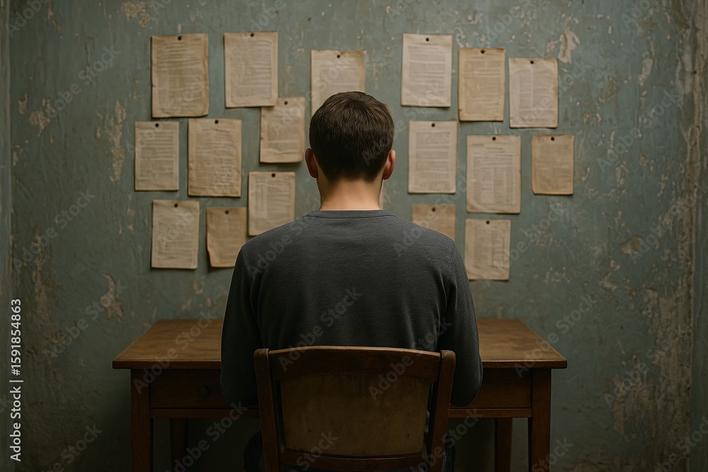 Aufkleber man sitting at desk reading notes or documents in front of wall with papers.