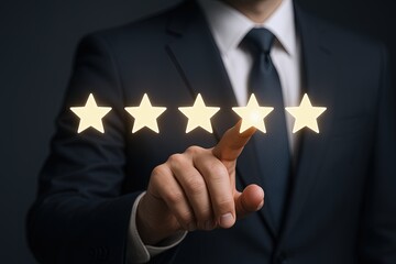 Businessman in formal suit rating customer service with glowing five stars.