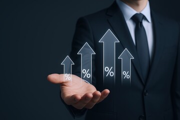 Businessman in suit holding digital growth arrows and percentage icons representing financial increase.