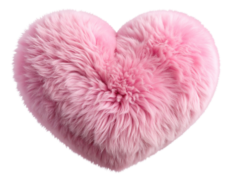 Soft furry pink heart-shaped sticker with fluffy texture, isolated on transparent background PNG