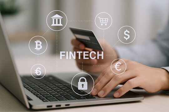 Modern fintech financial technology digital banking online payments security concept.