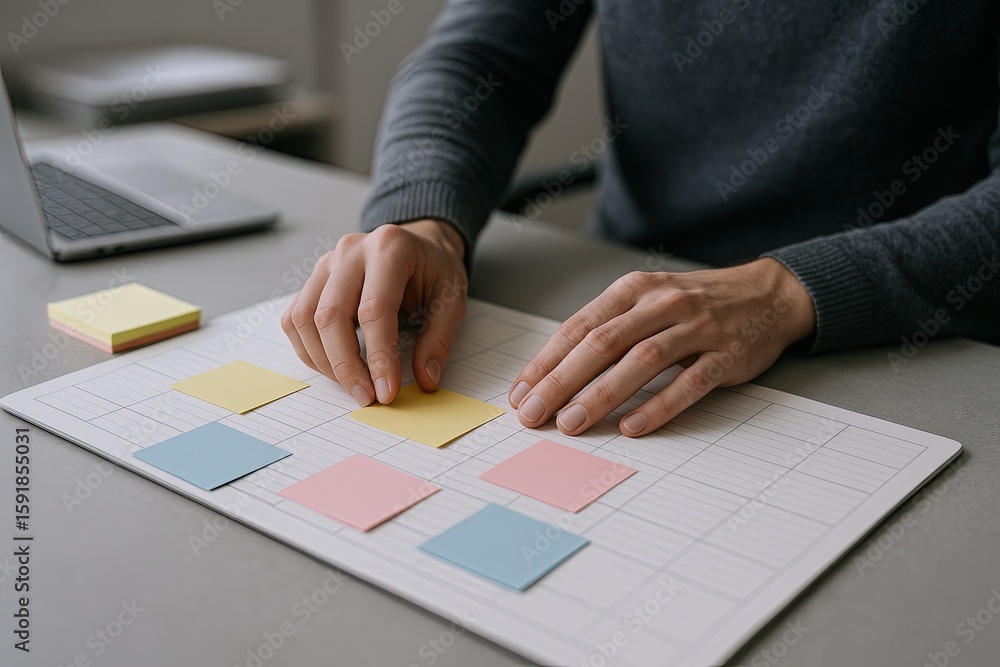 Poster person using colorful sticky notes to organize tasks and plan on a grid notebook.